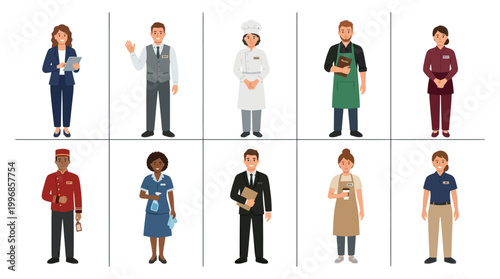 Diverse Hotel Staff Professionals: Receptionist, Bellhop, Chef, Waiter, Barista