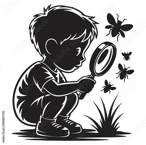  Child studing for insect