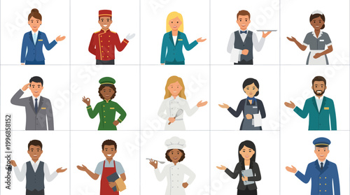 Flat Vector Illustration of Hospitality and Service Industry Professionals Avatars Set