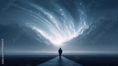 Man standing on a path looking at a swirling cosmic vortex in the sky
