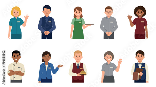Diverse restaurant staff, waiters, chefs, diverse employees flat vector