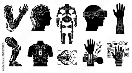 Futuristic Cyberpunk Technology Icons: Robot Prosthetics, VR, Cyborg Elements