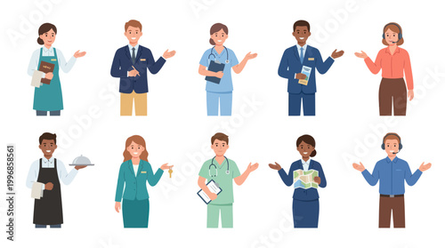 Diverse Professionals in Flat Design: Healthcare, Service, Business, Support