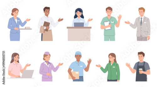 Diverse professionals in flat vector art style, customer service, healthcare, delivery