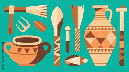 Illustration Of Ancient Pottery And Tools Vector Design Template