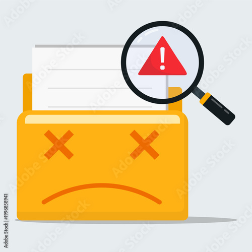 Magnifying glass detects warning alert in corrupted file folder with sad face icon for data error, system failure and security risk concept