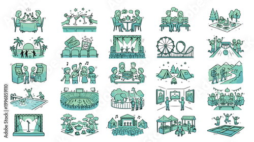 Leisure and Social Activity Icon Set in Doodle Line Art Style. A collection of lifestyle illustrations including dating, picnic, concert, sports, travel, gaming, camping, and nightlife icons