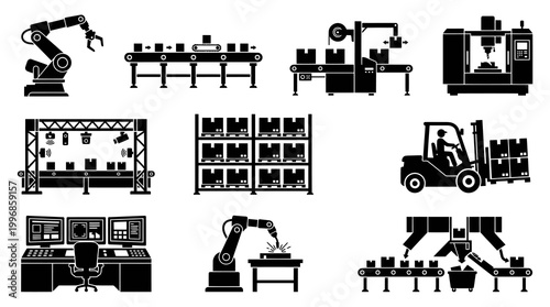 Manufacturing Industry Automation Robotics Glyph Icons Set: Factory Equipment  Production Process