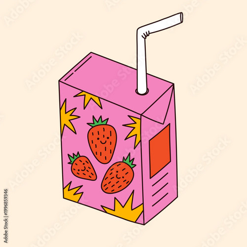 Hand-drawn bold illustration of cartoon strawberry juice pack with straw. Funky retro drink box. 90s doodle fast food snack. Vector graphic