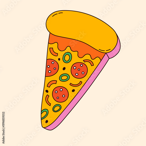 Hand-drawn bold illustration of geometric piece of pizza. Funky retro pepperoni. 90s doodle fast food snack. Vector graphic
