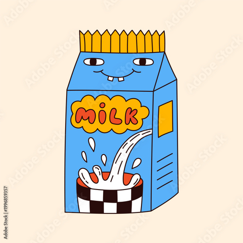 Hand-drawn bold illustration of cartoon milk pack with funny face. Funky retro drink cardboard box. 90s doodle fast food snack. Vector graphic