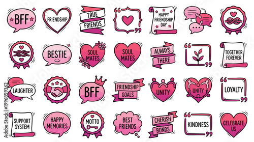 Happy Friendship Day Icon Set and Social Media Sticker Collection in Cute Pink Doodle Style. Featuring BFF, bestie, soul mates, unity, loyalty, kindness, heart, ribbon