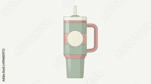 Minimalist illustration of a tall, light green tumbler with a pink band, white circle, handle, and straw on a plain background.