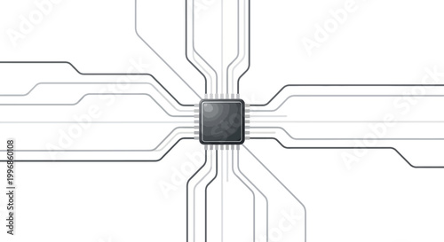 Minimalist digital illustration featuring a central integrated circuit with interconnecting lines radiating outwards against a clean white backdrop, rendered with a sleek, modern visual