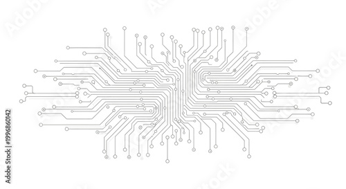 Detailed vector illustration of a circuit board design, with intricate lines and connections forming a complex network against a plain white background, giving a clean, modern