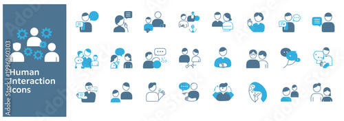 Modern human interaction icons in blue and grey, depicting communication and teamwork.