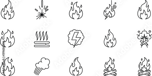 Fire, Explosion, and Hazard Vector Icons Featuring Flames, Sparks, and Heat for Safety, Warning, and Emergency Design Projects
