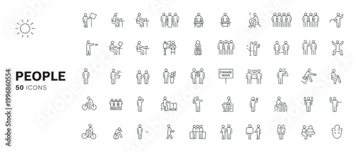 Collection of 50 simple line icons representing people and human activities in various scenarios.