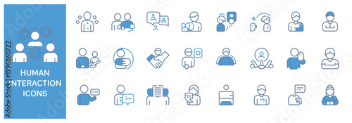 Human interaction icons in blue and white, showing collaboration, communication, and professional relationships.