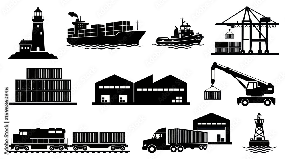 Fototapeta premium Shipping and Logistics Icons: Cargo Ship, Lighthouse, Crane, Truck, Train, Warehouse, Tugboat
