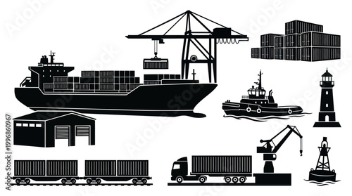 Black  White Silhouettes of Shipping and Port Industry Icons