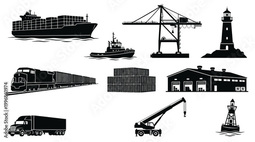 Maritime Shipping and Port Industry Vector Icons - Black and White