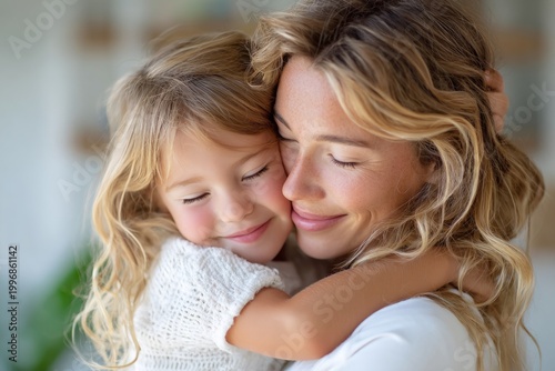 mother and daughter hugging at home, natural light, warm emotional moment, candid lifestyle, raw photography