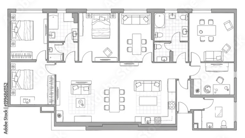 Detailed Residential House Floor Plan with Furniture Top View Layout
