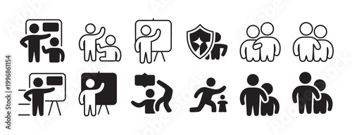 Collection of icons illustrating teaching, guidance, and interpersonal relationships.