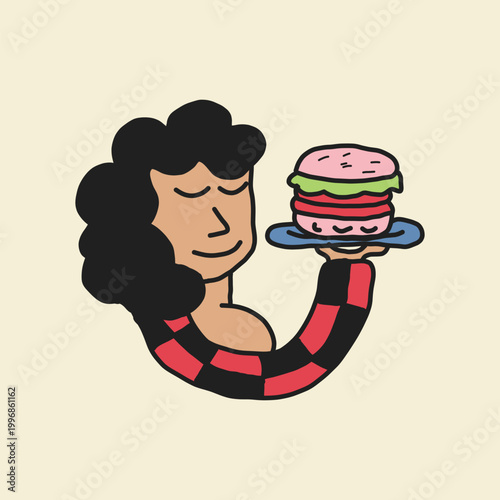 hand drawn female waiter carrying hamburger cartoon illustration