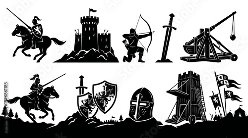 Medieval Knights, Castle, Weapons, and Siege Equipment Black and White Vector