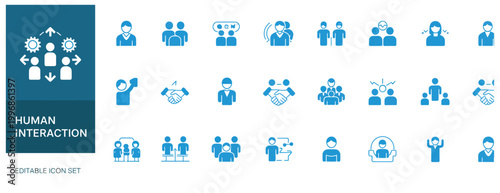 Human interaction icons set, handshake, agreement, teamwork, communication, business meeting