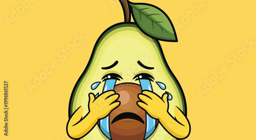 An adorable cartoon avocado character experiences deep sadness, shedding large tears while covering its mouth in a moment of profound emotional distress and despair on a plain yellow background.