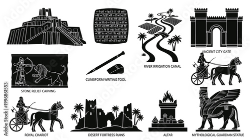 Ancient Mesopotamia Icons: Ziggurat, Cuneiform, Chariot, Mythological Statue, City Gate