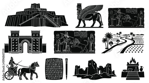 Ancient Mesopotamia Symbols Set - Black and White Vector Glyphs