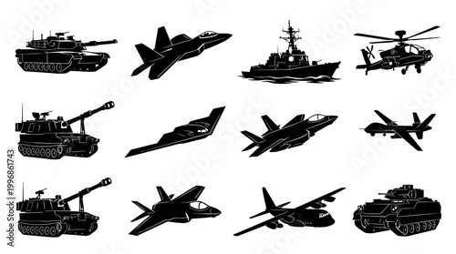 Military Combat Vehicles, Aircraft and Warship Silhouettes Icon Set - Black and White Vector Glyphs