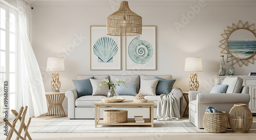 A serene and stylish living room with a coastal vibe featuring a light-colored sectional sofa and armchair