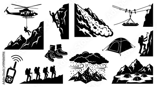 Outdoor Adventure, Mountaineering  Rescue Black  White Vector Icons Set