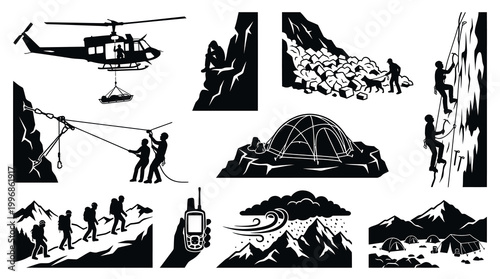 Mountaineering and Mountain Rescue Vector Silhouettes: Outdoor Adventure  Survival Glyphs