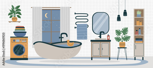 Bathroom interior background9. Vector banner in flat style.