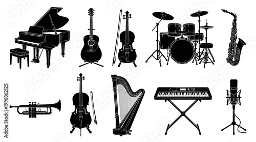 Black and White Musical Instruments Silhouette Vector Icons Set for Music Industry