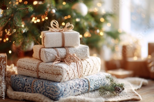 stack of presents near tree warm cozy lighting raw photography