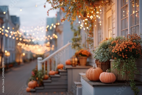 street decorated with pumpkins evening light cozy halloween mood raw photography