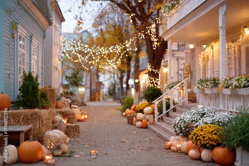 street decorated with pumpkins evening light cozy halloween mood raw photography