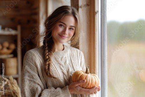 woman holding pumpkin smiling, natural light, candid lifestyle, raw photography
