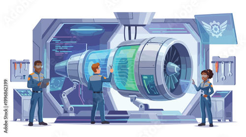 Advanced Aircraft Engine Maintenance Team Inspecting Futuristic Jet Propulsion System with Digital Interface