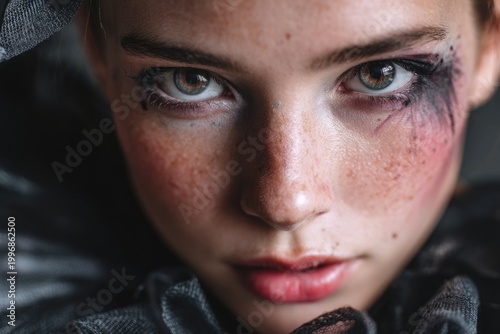 woman with subtle halloween makeup natural light, minimal costume, raw photography