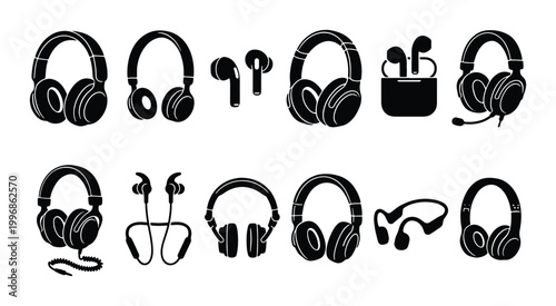 Fotografía Diverse Headphone Collection, Wireless Earbuds Set, Audio Gear Icons, Modern Sou