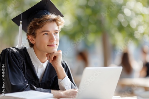 young graduate using laptop planning future natural light lifestyle raw photography
