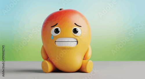 Sad mango character with a teardrop face sitting down to express deep sorrow or sadness in this cute three dimensional cartoon style design illustration for creative digital art projects.